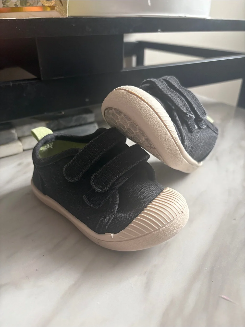 Cat & Jack Black Canvas Kids Sneakers with Cream Soles and Lime Heel Tab